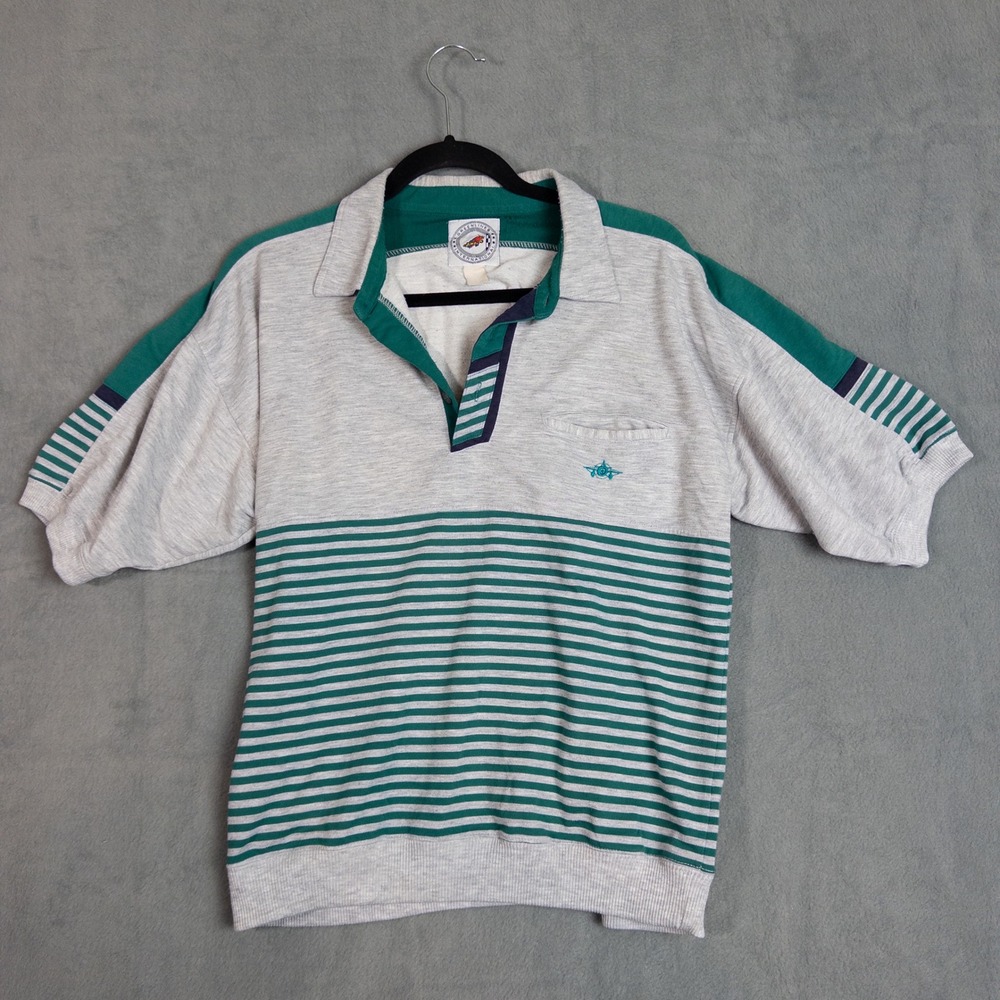Greenline International Polo Shirt Mens L Gray Striped Short Sleeve Vintage